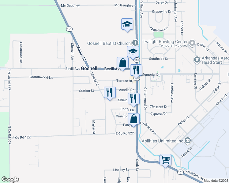 map of restaurants, bars, coffee shops, grocery stores, and more near 140 Shields Lane in Blytheville