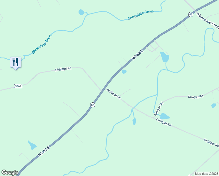 map of restaurants, bars, coffee shops, grocery stores, and more near 3002 North Carolina 62 in Liberty