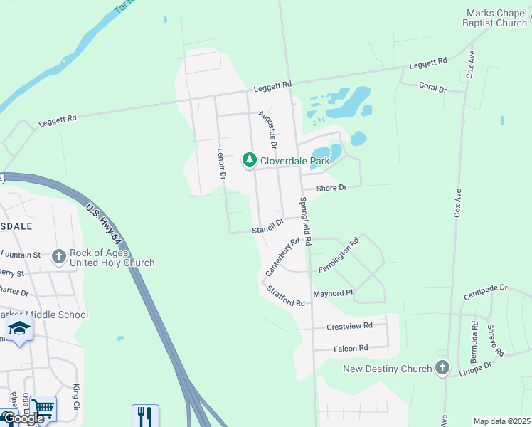 map of restaurants, bars, coffee shops, grocery stores, and more near 1709 Farmington Road in Rocky Mount