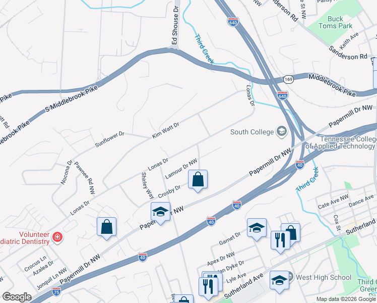 map of restaurants, bars, coffee shops, grocery stores, and more near 4313 Lonas Drive in Knoxville