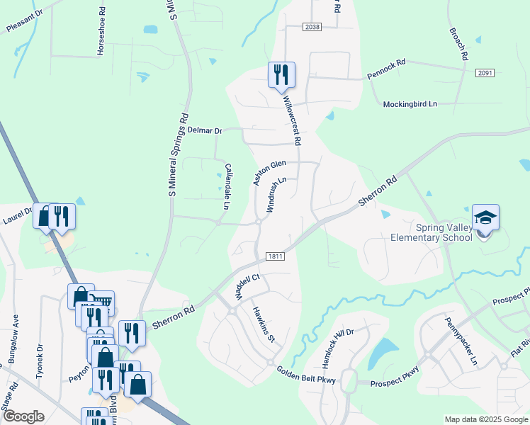 map of restaurants, bars, coffee shops, grocery stores, and more near 136 Windrush Lane in Durham