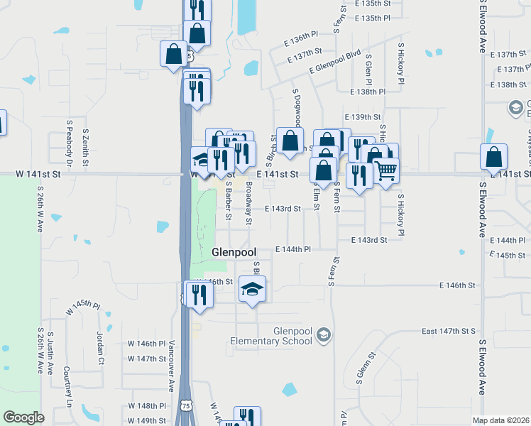 map of restaurants, bars, coffee shops, grocery stores, and more near 14257 South Broadway Street in Glenpool
