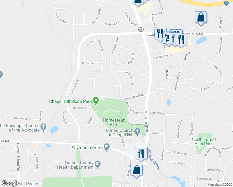 map of restaurants, bars, coffee shops, grocery stores, and more near 504 Lonebrook Drive in Chapel Hill