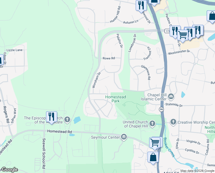 map of restaurants, bars, coffee shops, grocery stores, and more near 101 Christine Court in Chapel Hill