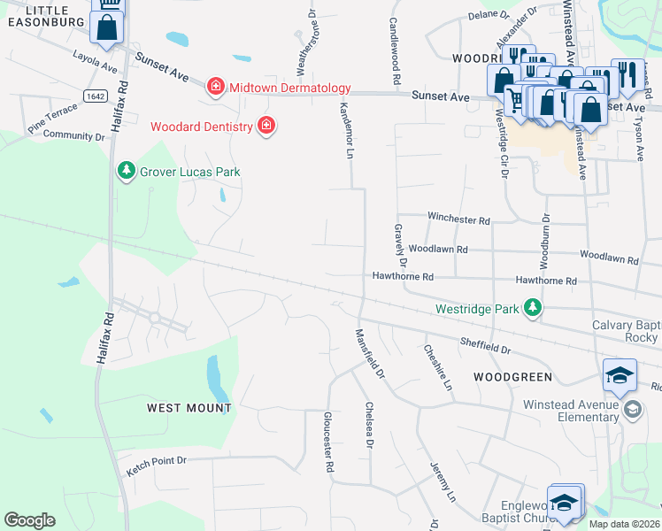 map of restaurants, bars, coffee shops, grocery stores, and more near 4017 Lochinvar Lane in Rocky Mount