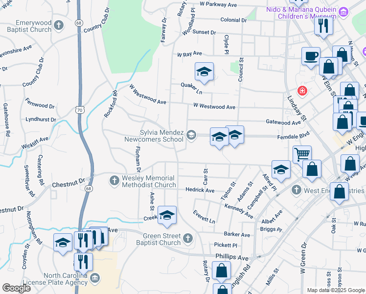 map of restaurants, bars, coffee shops, grocery stores, and more near 907 Ferndale Boulevard in High Point