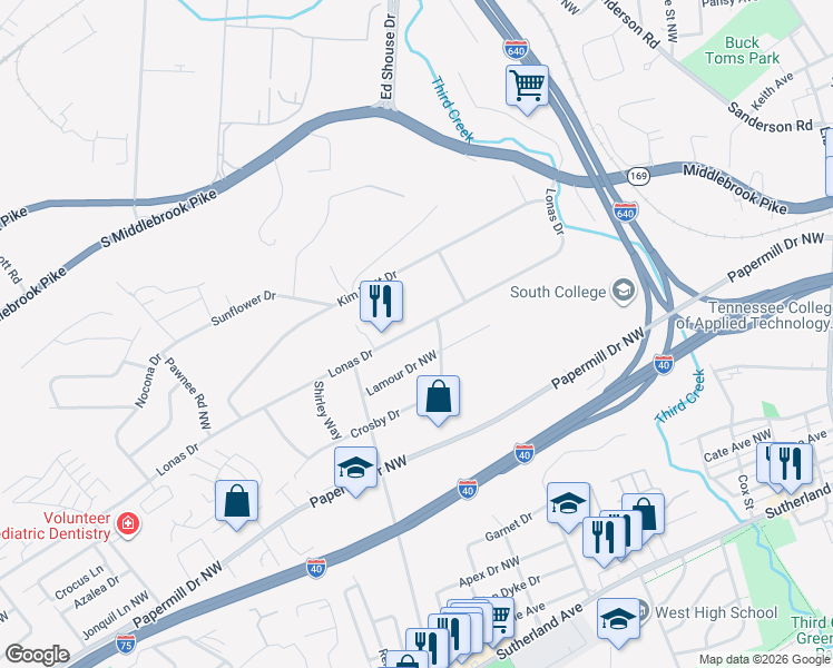map of restaurants, bars, coffee shops, grocery stores, and more near 4313 Lonas Drive in Knoxville