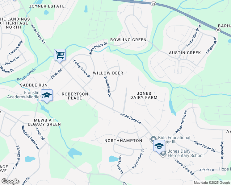 map of restaurants, bars, coffee shops, grocery stores, and more near 6508 Austin Creek Drive in Wake Forest