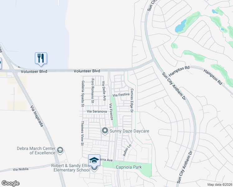 map of restaurants, bars, coffee shops, grocery stores, and more near 3172 Via Festiva in Henderson