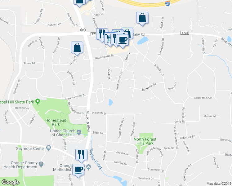 map of restaurants, bars, coffee shops, grocery stores, and more near 200 Westminister Drive in Chapel Hill