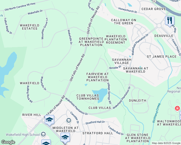 map of restaurants, bars, coffee shops, grocery stores, and more near 2538 Village Manor Way in Raleigh