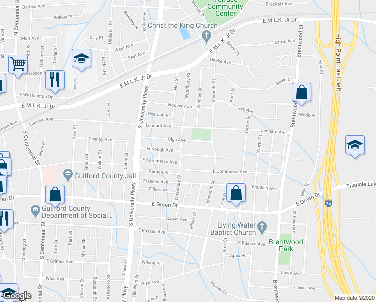 map of restaurants, bars, coffee shops, grocery stores, and more near 1407 Furlough Avenue in High Point