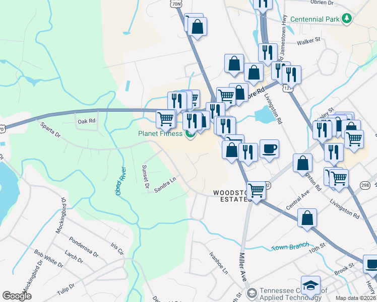 map of restaurants, bars, coffee shops, grocery stores, and more near 151 Highland Square in Crossville