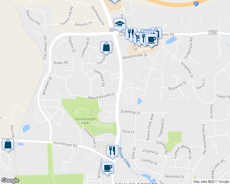 map of restaurants, bars, coffee shops, grocery stores, and more near 102 New Parkside Drive in Chapel Hill