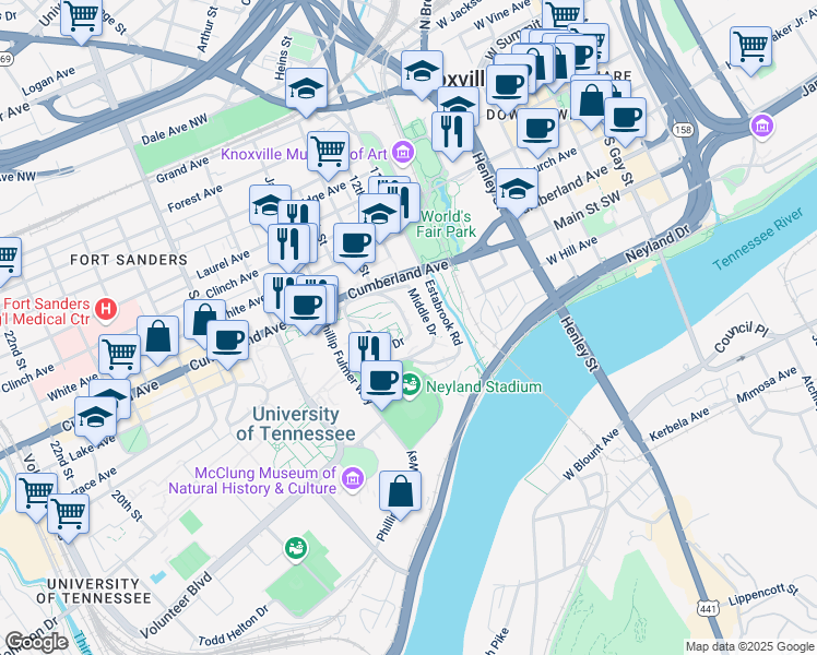 map of restaurants, bars, coffee shops, grocery stores, and more near University Commons Way in Knoxville