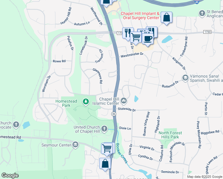 map of restaurants, bars, coffee shops, grocery stores, and more near 102 New Parkside Drive in Chapel Hill