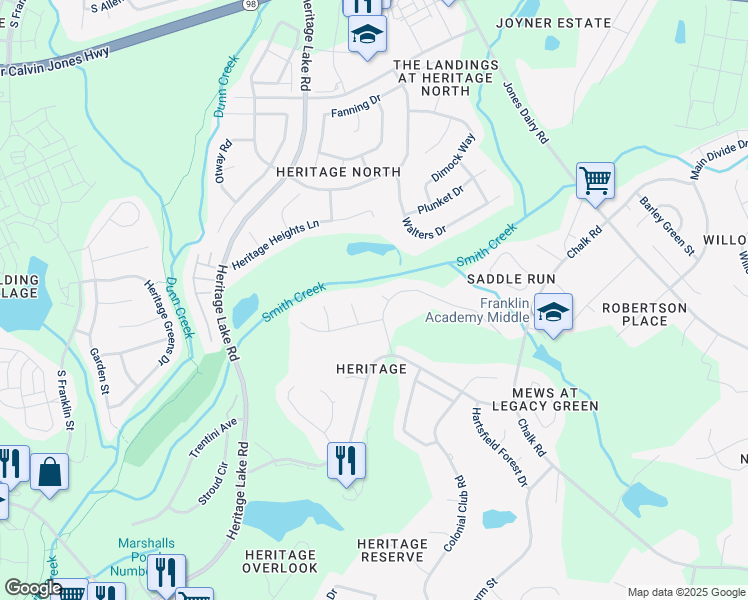 map of restaurants, bars, coffee shops, grocery stores, and more near 1024 Hidden Jewel Lane in Wake Forest