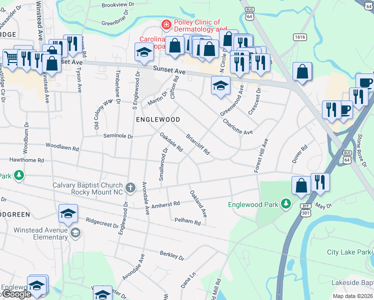 map of restaurants, bars, coffee shops, grocery stores, and more near 301 Briarcliff Road in Rocky Mount