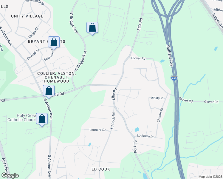 map of restaurants, bars, coffee shops, grocery stores, and more near 1110 Ellis Road in Durham