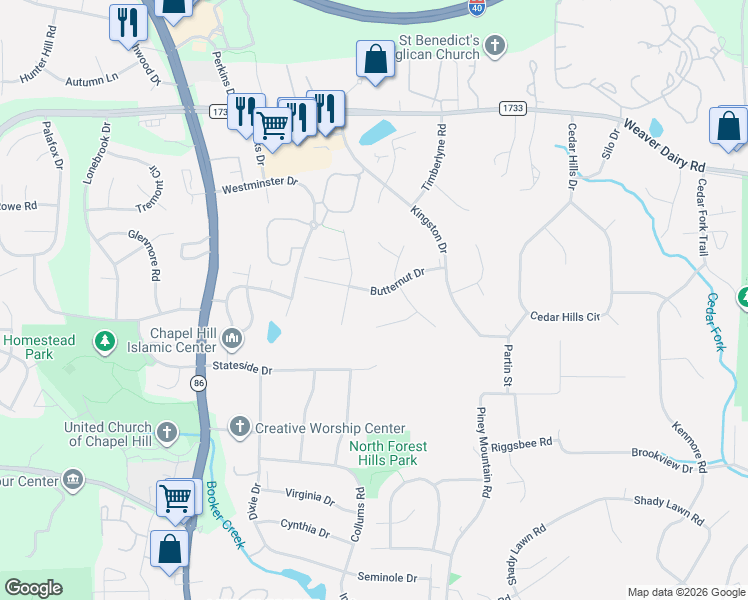 map of restaurants, bars, coffee shops, grocery stores, and more near 200 Butternut Drive in Chapel Hill