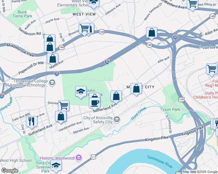 map of restaurants, bars, coffee shops, grocery stores, and more near 615 Booth Street Northwest in Knoxville