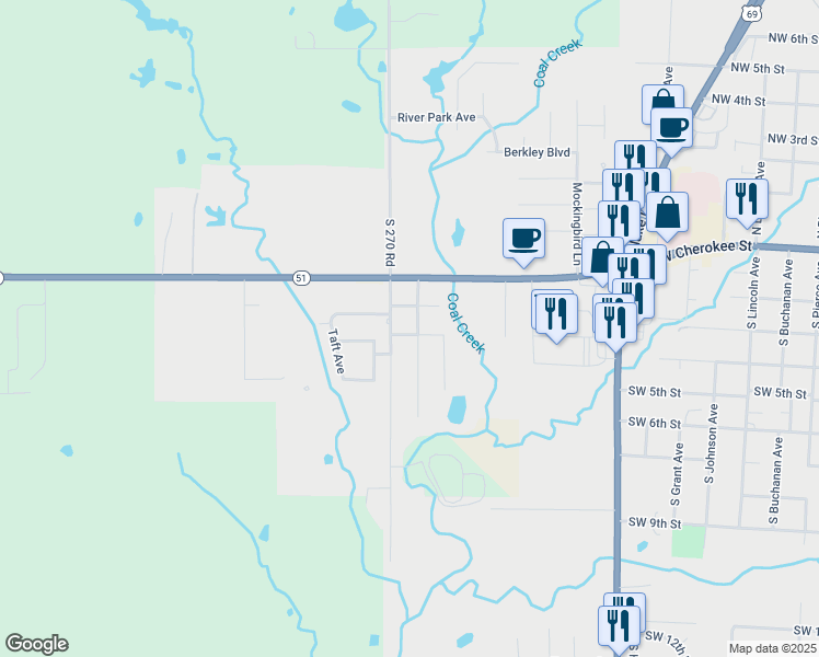 map of restaurants, bars, coffee shops, grocery stores, and more near 201 South Mary Avenue in Wagoner