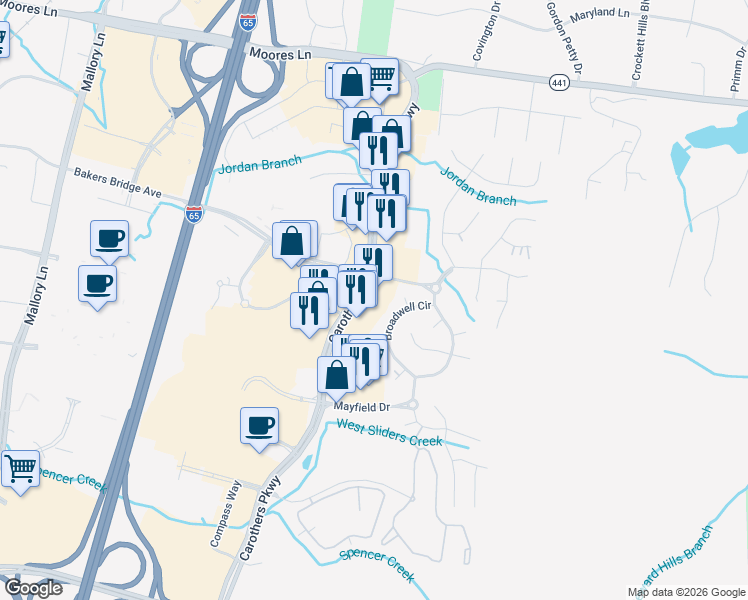 map of restaurants, bars, coffee shops, grocery stores, and more near 9050 Carothers Parkway in Franklin