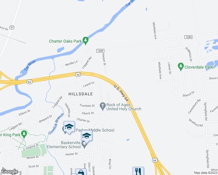 map of restaurants, bars, coffee shops, grocery stores, and more near 1557 Harper Street in Rocky Mount