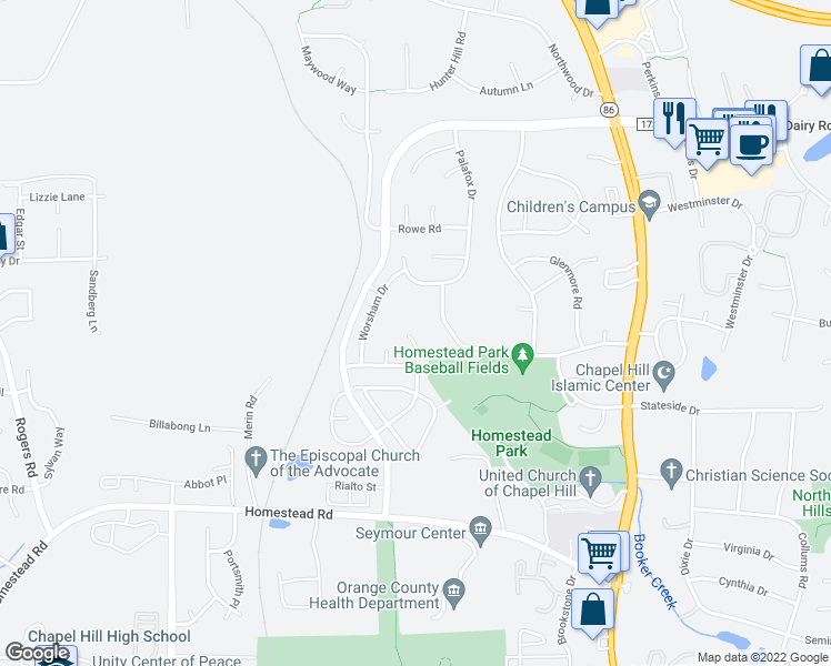 map of restaurants, bars, coffee shops, grocery stores, and more near 105 Christine Court in Chapel Hill