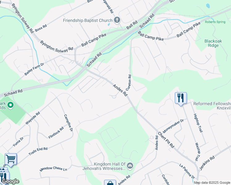 map of restaurants, bars, coffee shops, grocery stores, and more near 8511 Reagan Woods Lane in Knoxville