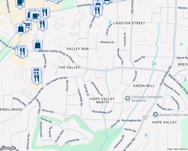 map of restaurants, bars, coffee shops, grocery stores, and more near 3629 Glidewell Court in Durham