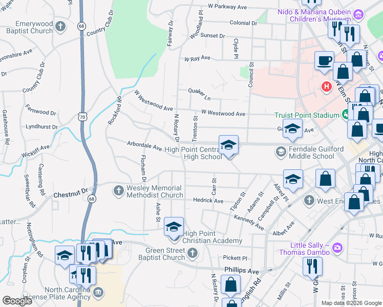 map of restaurants, bars, coffee shops, grocery stores, and more near 907 Ferndale Boulevard in High Point