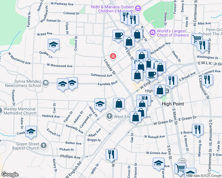 map of restaurants, bars, coffee shops, grocery stores, and more near 309 Oakwood Street in High Point