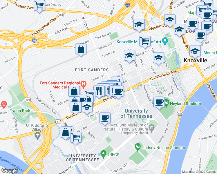 map of restaurants, bars, coffee shops, grocery stores, and more near 1717 White Avenue in Knoxville