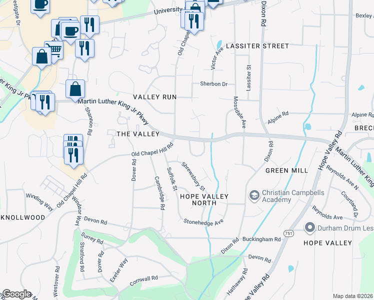 map of restaurants, bars, coffee shops, grocery stores, and more near 3629 Glidewell Court in Durham