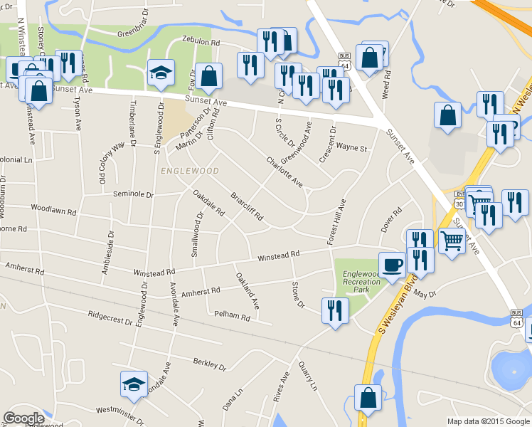 map of restaurants, bars, coffee shops, grocery stores, and more near 236 Briarcliff Road in Rocky Mount