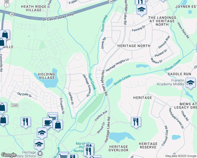 map of restaurants, bars, coffee shops, grocery stores, and more near 1102 Front Gate Lane in Wake Forest