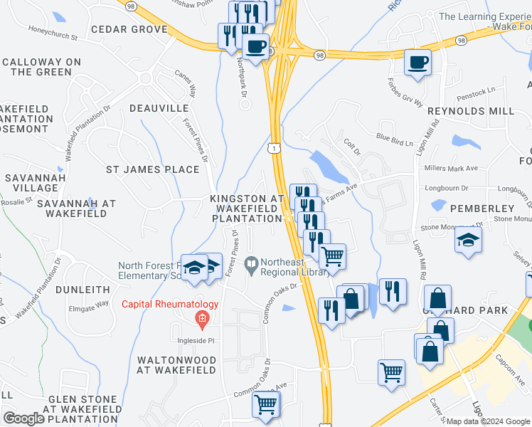 map of restaurants, bars, coffee shops, grocery stores, and more near 11811 Canemount Street in Raleigh