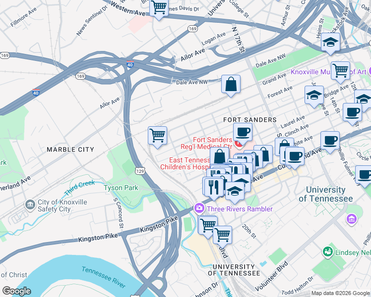 map of restaurants, bars, coffee shops, grocery stores, and more near 2211 Highland Avenue in Knoxville