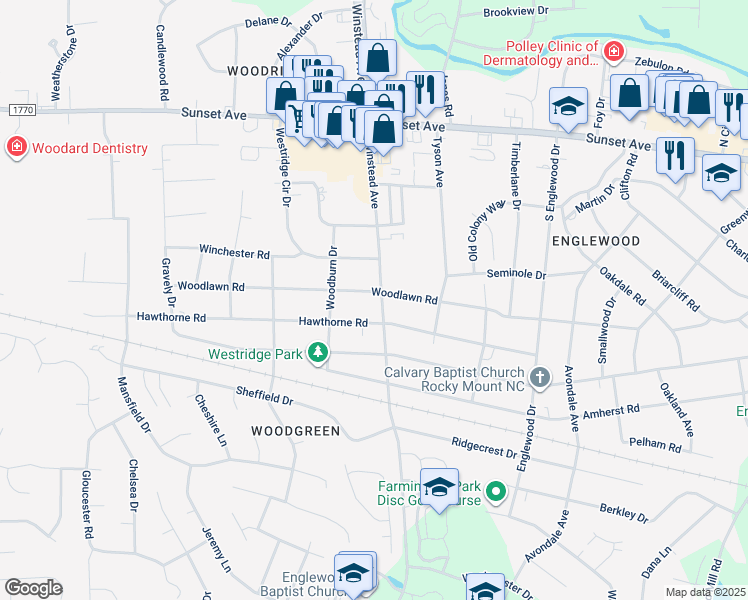 map of restaurants, bars, coffee shops, grocery stores, and more near 3501 Woodlawn Road in Rocky Mount