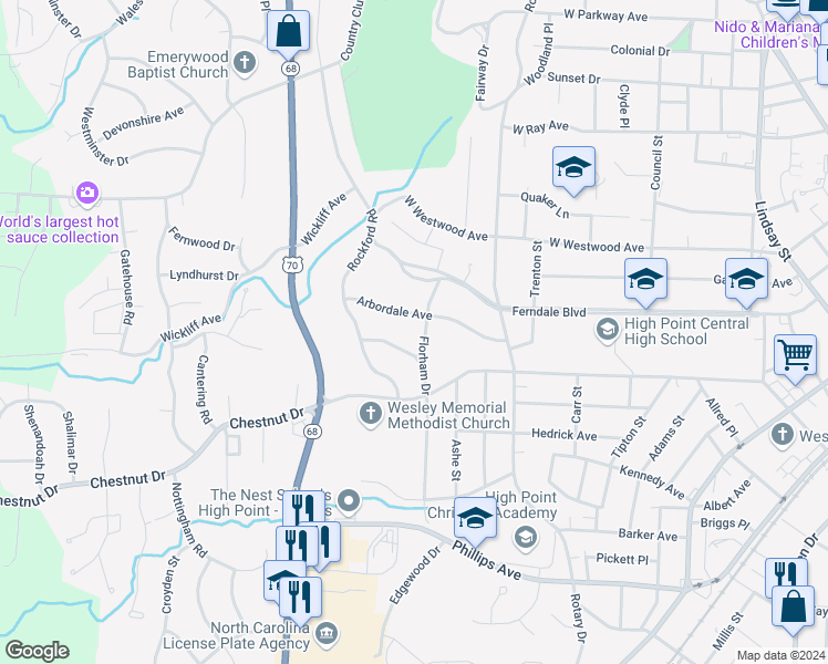 map of restaurants, bars, coffee shops, grocery stores, and more near 725 Florham Drive in High Point