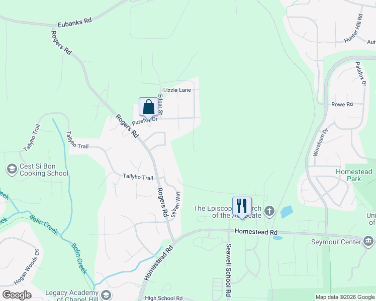 map of restaurants, bars, coffee shops, grocery stores, and more near 8031 Sandberg Lane in Chapel Hill