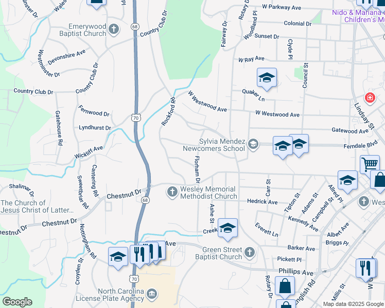 map of restaurants, bars, coffee shops, grocery stores, and more near 725 Florham Drive in High Point