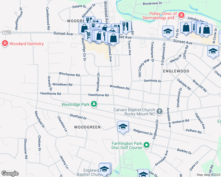 map of restaurants, bars, coffee shops, grocery stores, and more near 3501 Woodlawn Road in Rocky Mount