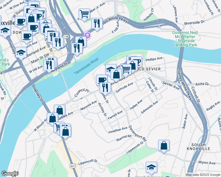 map of restaurants, bars, coffee shops, grocery stores, and more near 725 Sevier Avenue in Knoxville