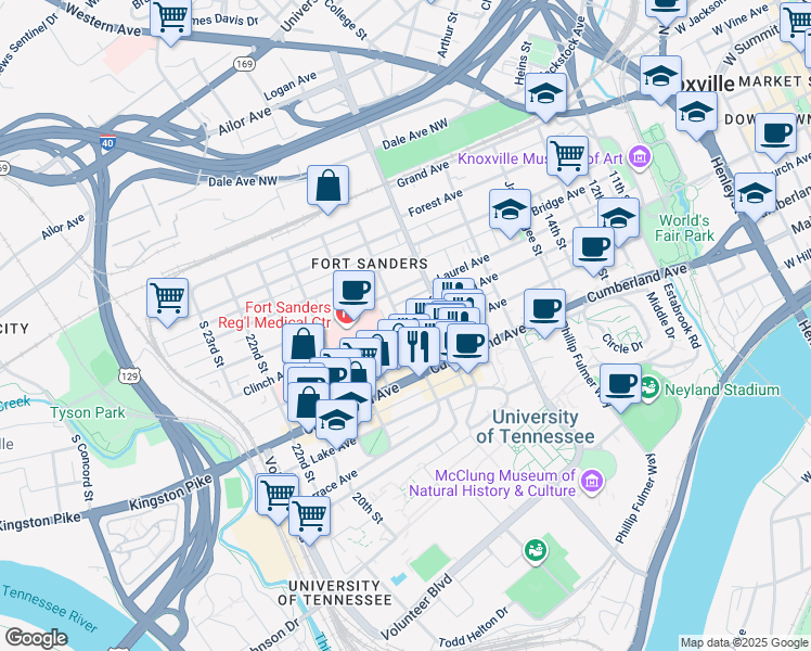 map of restaurants, bars, coffee shops, grocery stores, and more near in Knoxville