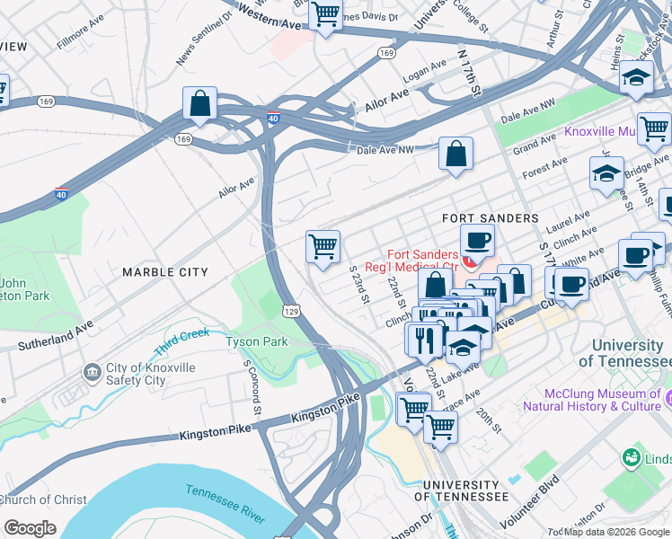 map of restaurants, bars, coffee shops, grocery stores, and more near 2301 Forest Avenue in Knoxville