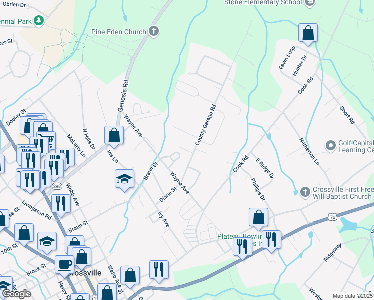map of restaurants, bars, coffee shops, grocery stores, and more near 155 County Garage Road in Crossville