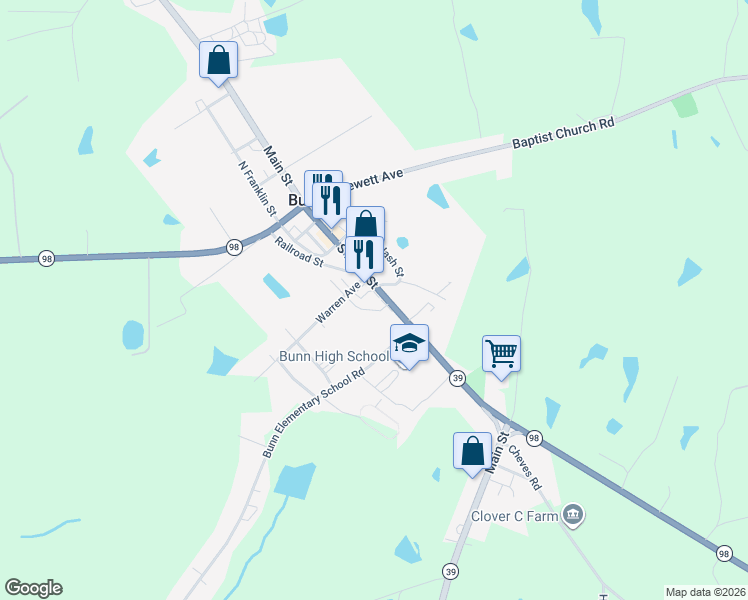 map of restaurants, bars, coffee shops, grocery stores, and more near 435 Main Street in Bunn