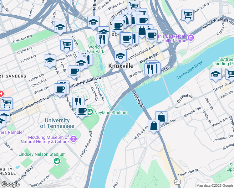 map of restaurants, bars, coffee shops, grocery stores, and more near 830 Maplehurst Ct in Knoxville